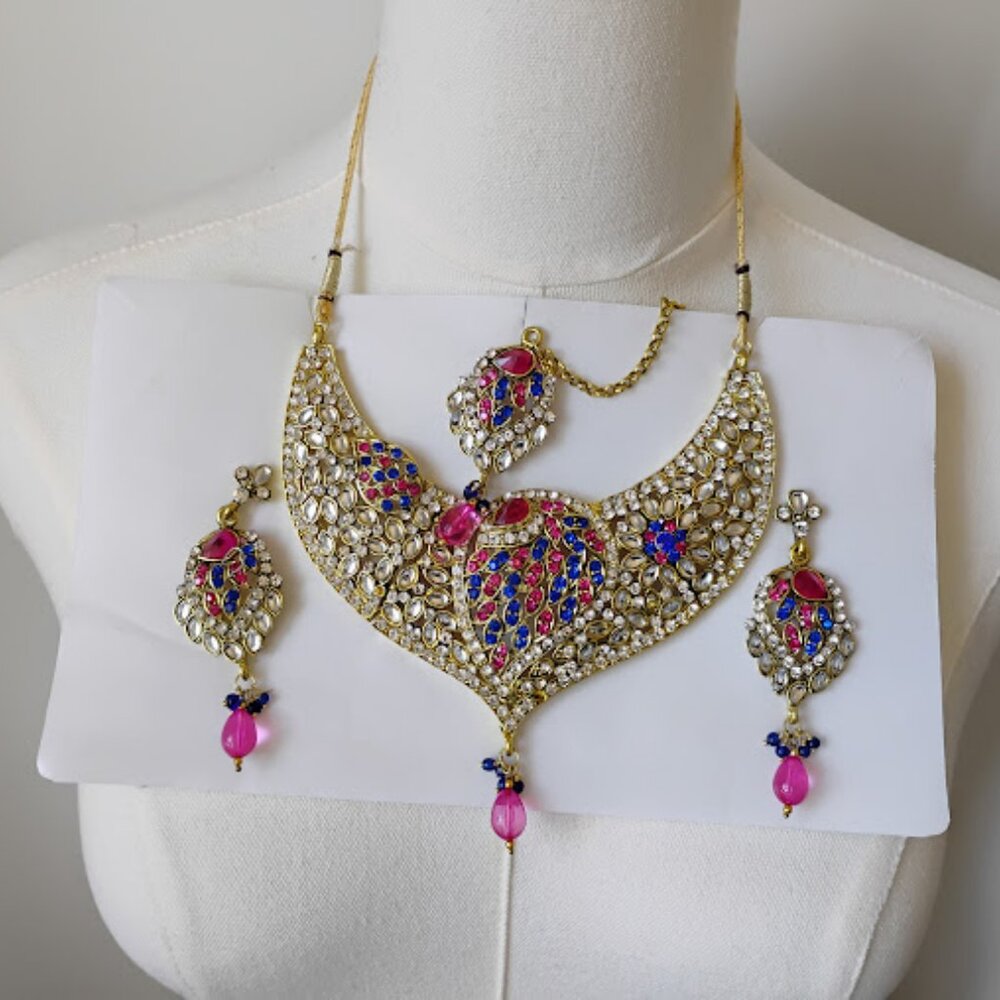 Costume Wedding Indian Elegant Gold and Pink Jewelry Set